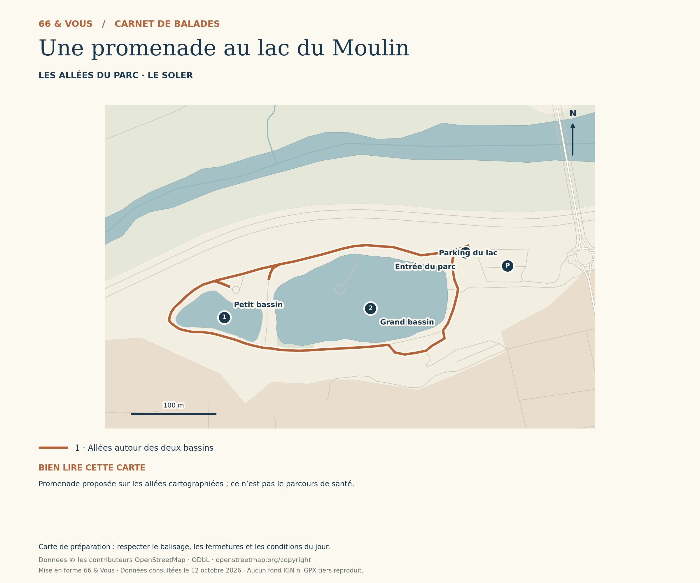Une promenade au lac du Moulin : départs, chemins et légende de la carte 66 & Vous.