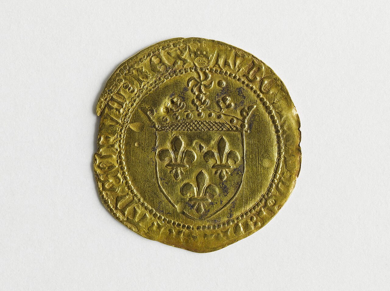 Écu d'or de Louis XI frappé à Perpignan en 1475, illustration issue d'une autre collection